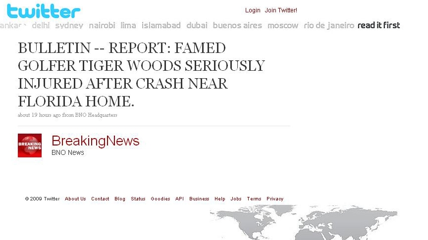 Prima ştire despre accidentul lui Tiger Woods a apărut pe Twitter