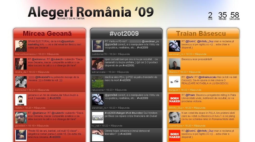 Un site special a agregat toate mesajele cu Geoană, Băsescu şi vot2009 de pe Twitter. 