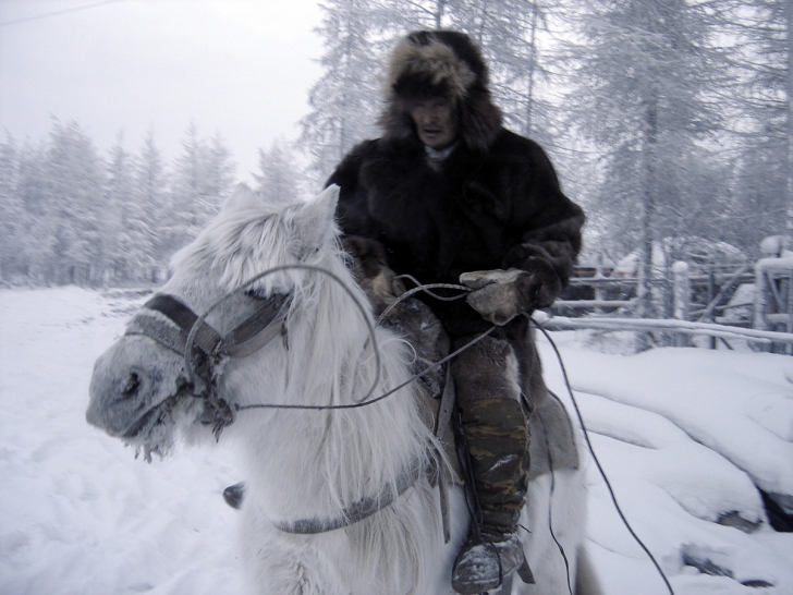 Un călăreţ din Iakuţia şi calul său adaptat mediului, pleacă într-o plimbare la minus 50 de grade