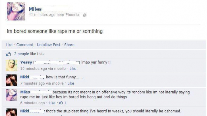 "Sunt plictisită, cineva să mă violeze sau ceva de genul ăsta": mesajul şocant postat de o adolescentă pe Facebook.