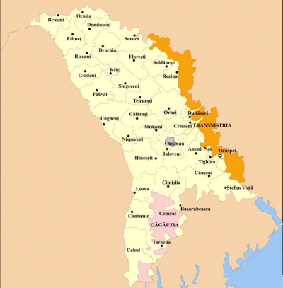 Harta Republicii Moldova, cu Găgăuzia autonomă şi regiunea separatistă transnistreană
