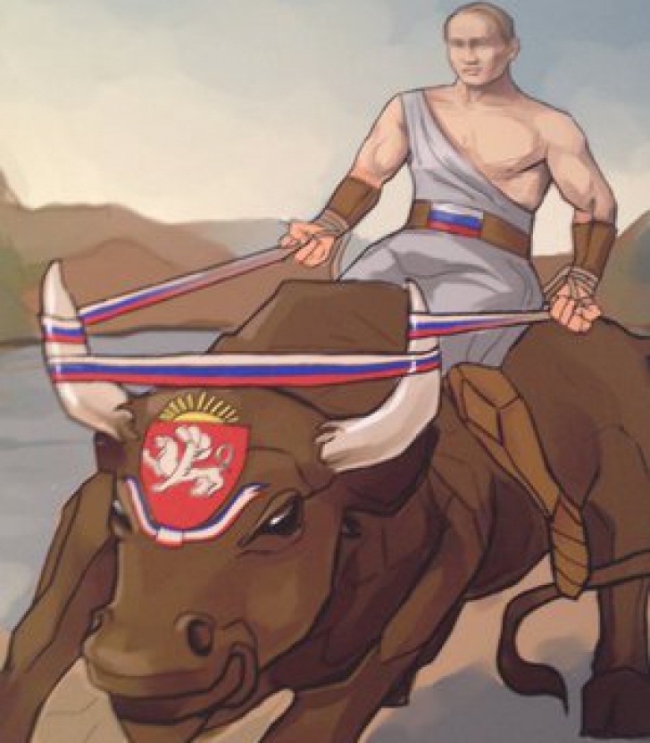 De ziua conducătorului iubit. Putin, înfăţişat ca Hercule, la o expoziţie din Moscova