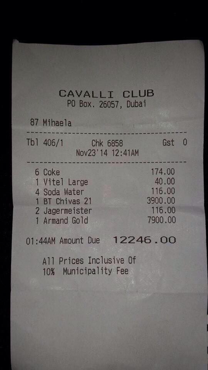 Nota de plată a lui Victor Ponta într-un club din Dubai, publicată pe Facebook de un barman român