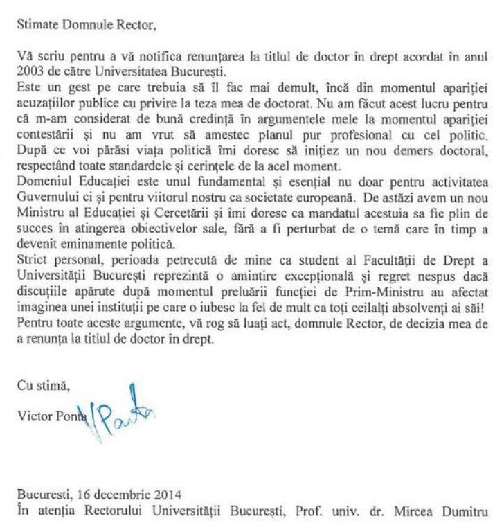 Victor Ponta renunţă la titlul de doctor în drept: Este un gest pe care trebuia să îl fac mai demult