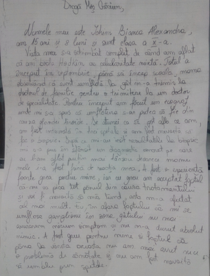 Scrisoare ŞOCANTĂ către Moş Crăciun postată de Cabral: o tânără de 16 ani vrea să scape de CANCER