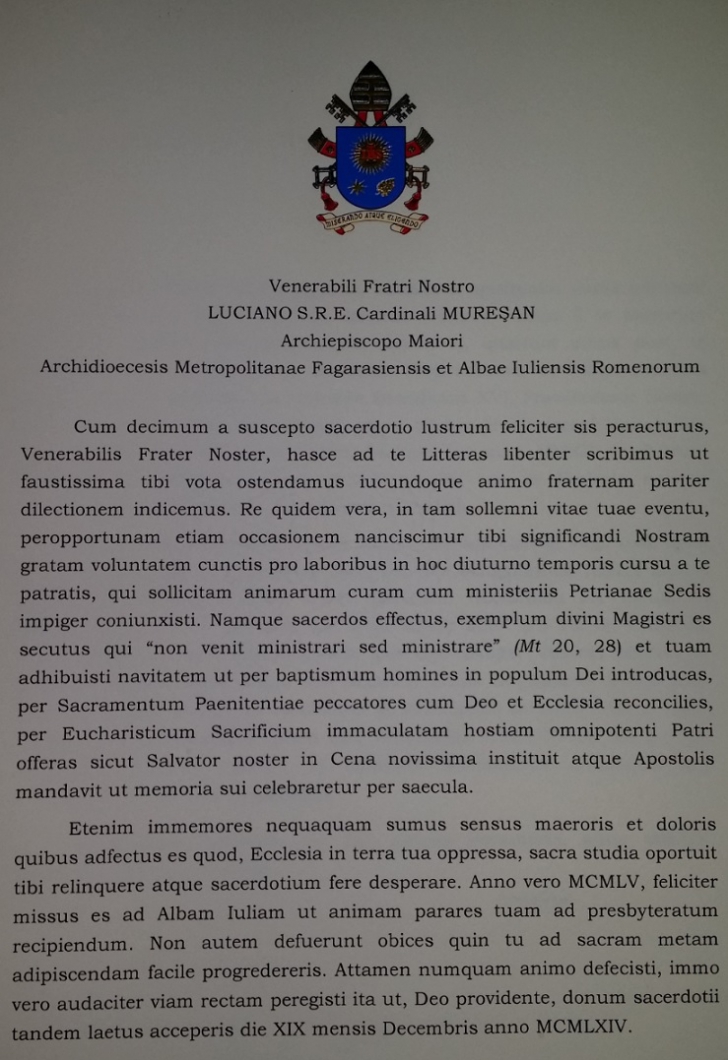 Scrisoarea primită de un român de la Papa Francisc