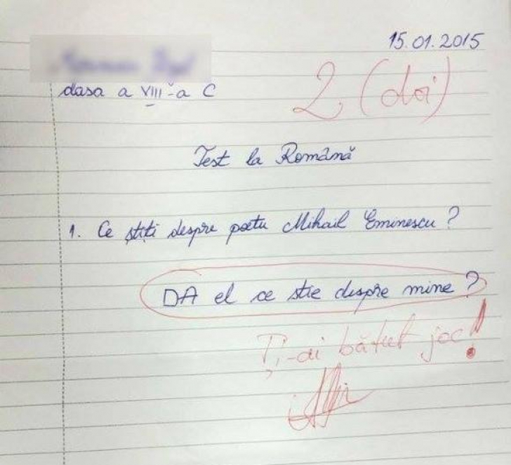 Tupeul unui elev din România. Ce a scris în lucrarea de control a înfuriat-o pe profesoară