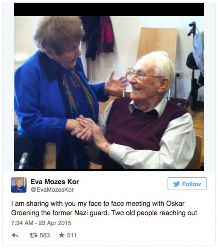 Eva Mozes Kor, supravieţuitoare a Holocaustului, alături de fostul gardian nazist de la Auschwitz, Oskar Groening