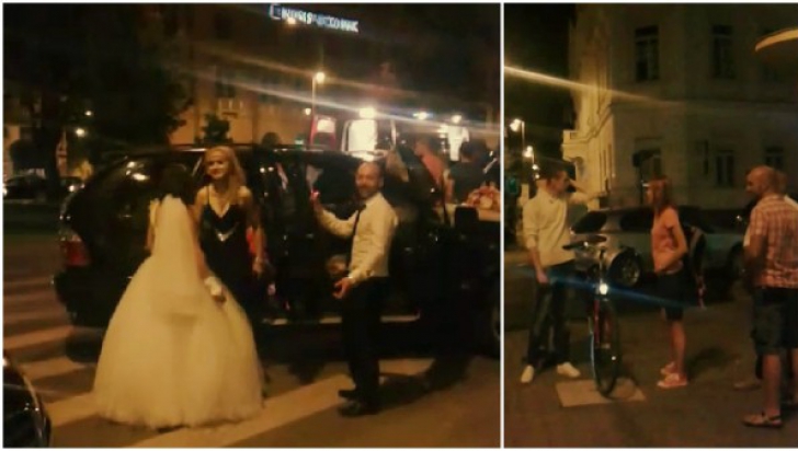 Nuntaşii şi mireasa dansează lângă un motociclist care aşteaptă ambulanţa