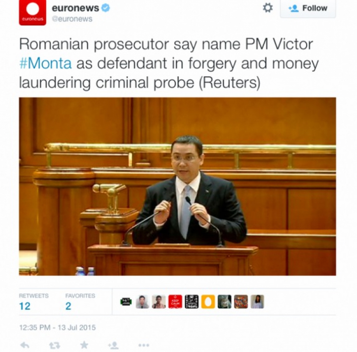 Gafă incredibilă pe contul de Twitter Euronews: premierul României este 'Victor Monta'