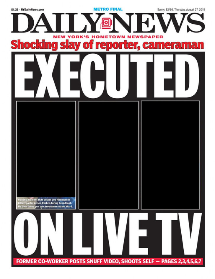 Derapaj în SUA: coperta unui ziar arată uciderea jurnaliştilor, din perspectiva criminalului