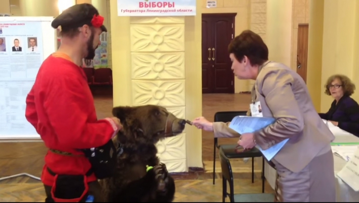 VIDEO. Doar în Rusia se poate aşa ceva! Un bărbat a venit cu un urs la secția de votare