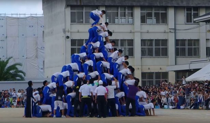 VIDEO. Momentul teribil în care o piramidă umană formată din 150 de copii se prăbuşeşte