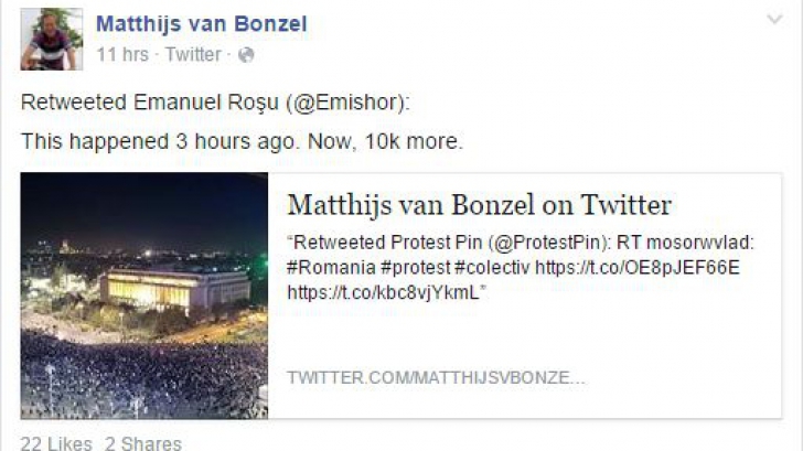 Protestul de la București, pe pagina de Facebook a fostului ambasador olandez