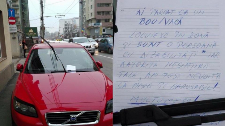 Mesajul pe care un şofer din Cluj l-a primit, după ce a parcat, de la o persoană cu dizabilităţi