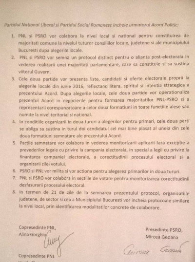 DOCUMENT. PNL a semnat un acord post-electoral cu PSRO. Ce conține proiectul 