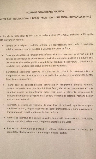 DOCUMENT. PNL a semnat un acord post-electoral cu PSRO. Ce conține proiectul 