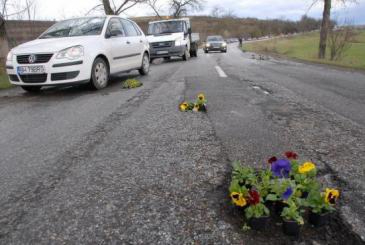 Protest inedit. Un primar din Vâlcea a plantat flori de primăvară în gropile unui drum județean