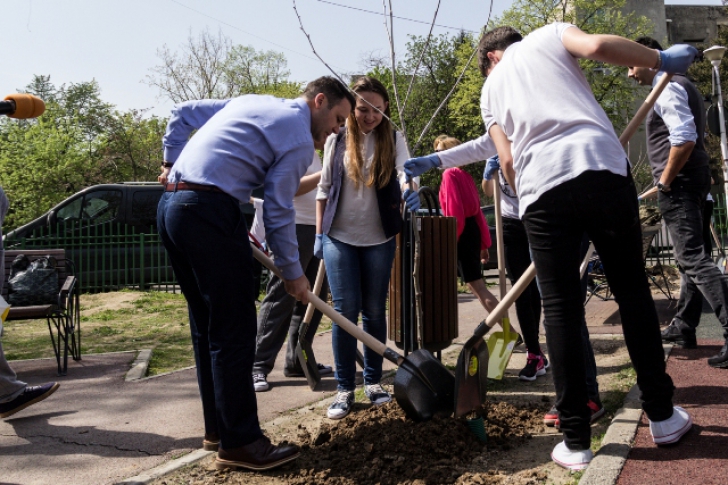 Robert Negoiţă și elevii şcolii gimnaziale "Nicolae Labiş" au plantat 20 de copaci într-un miniparc