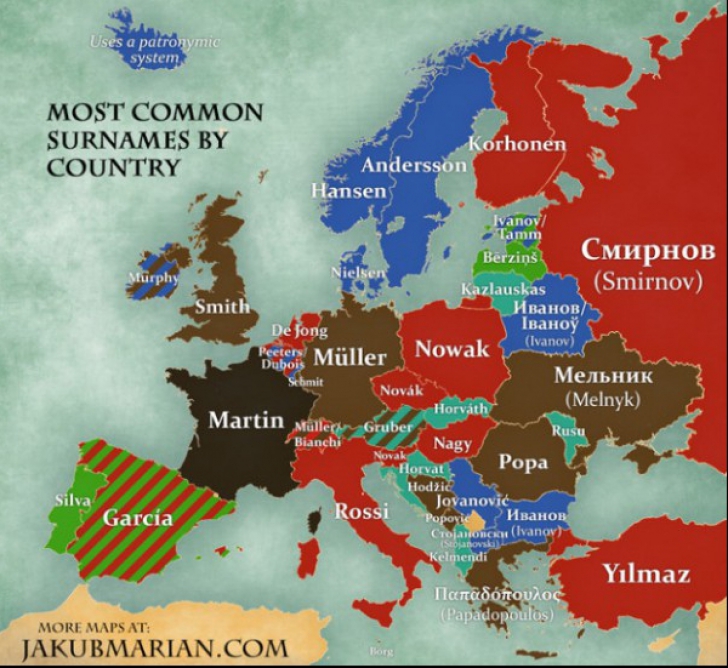 Harta celor mai populare nume de familie din Europa. Ce apare în dreptul României