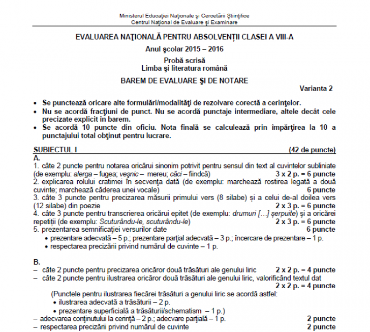 Barem Evaluare Nationala 2016 Romana. Baremul de corectare la Română, publicat pe EDU. RO