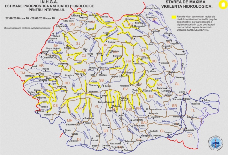 Cod PORTOCALIU de INUNDAŢII în mai multe judeţe din ţară. Harta zonelor afectate