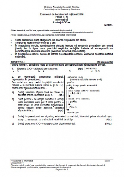 BAC 2016 Subiecte şi barem INFORMATICĂ