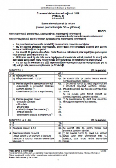 BAC 2016 Subiecte şi barem INFORMATICĂ