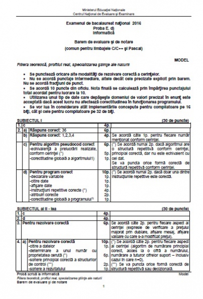 BAC 2016 Subiecte şi barem INFORMATICĂ