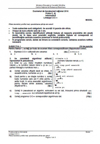 BAC 2016 Subiecte şi barem INFORMATICĂ