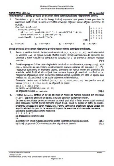 BAC 2016 Subiecte şi barem INFORMATICĂ