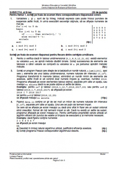 BAC 2016 Subiecte şi barem INFORMATICĂ