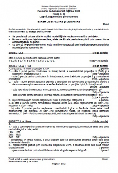 BAC 2016 Subiecte şi barem LOGICĂ