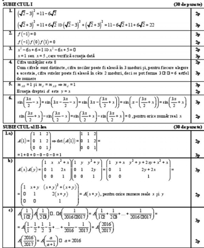 BAREM MATEMATICĂ BAC 2016 - M1, M2, M3, M4. Rezolvări corecte pentru funcții și matrice, la BAC