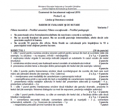 BAREM Română Bacalaureat 2016. Baremul de corectare la ROMÂNĂ, publicat pe EDU.ro. FOTO