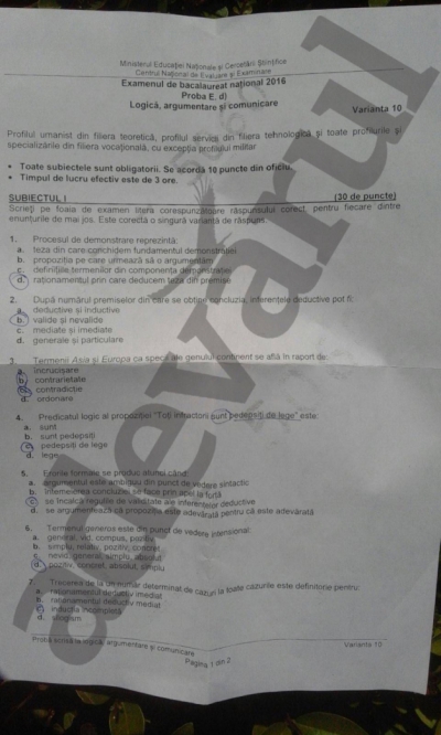 BAC 2016 subiecte si barem Logică&nbsp;