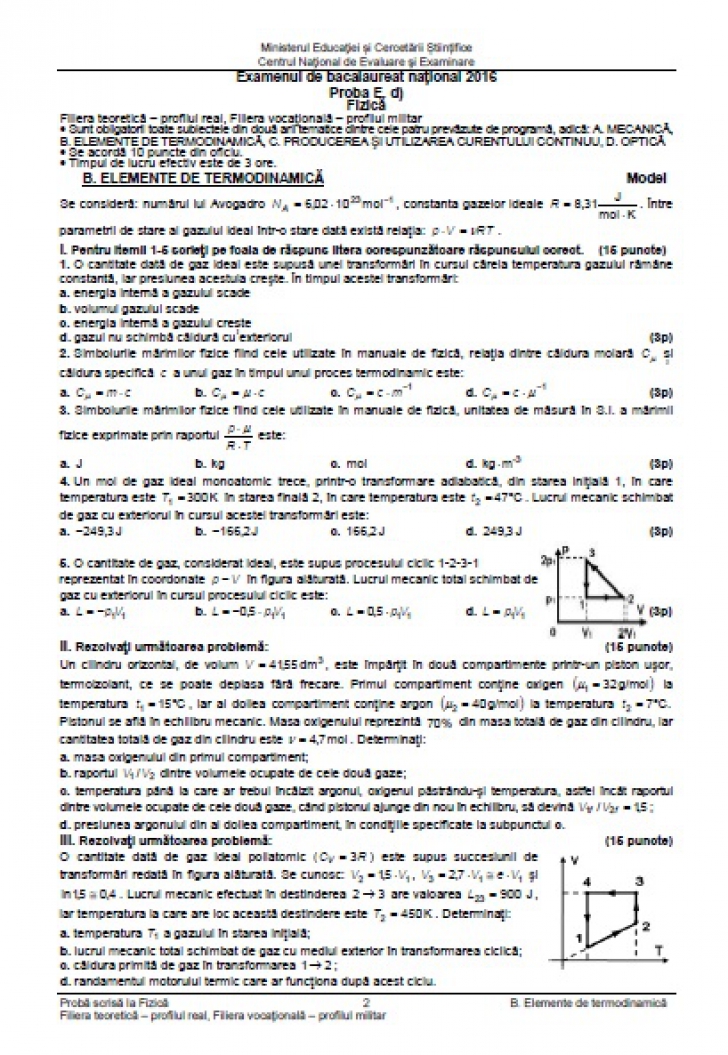 BAC 2016 Subiecte şi barem FIZICĂ