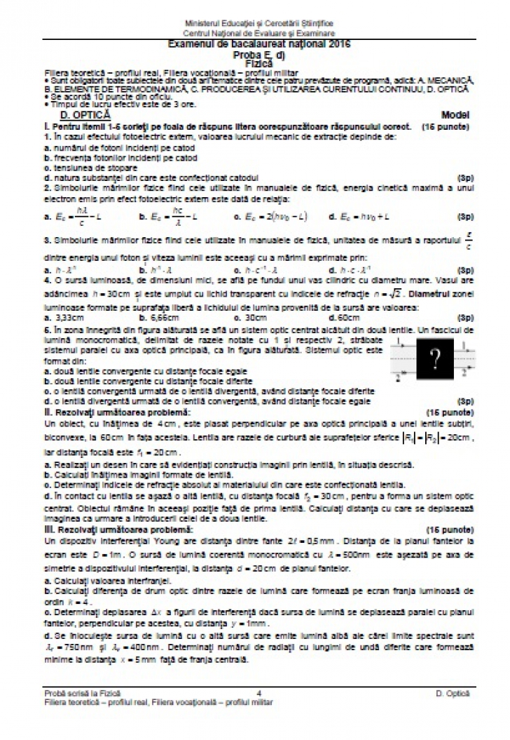 BAC 2016 Subiecte şi barem FIZICĂ