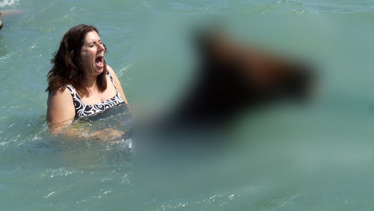 Această doamnă n-are ruşine.Cum a intrat în apă, la mare.Copiii au fugit din faţa ei.A venit poliţia
