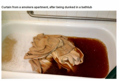 Poza ce te va face să renunți la fumat. Cum arată draperia din casa unui fumător, &icirc;n cada cu apă&nbsp;