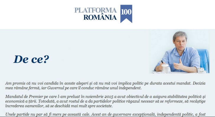 Cioloş susţine Platforma România 100. A lansat oferta pentru partide şi 10 principii ale guvernării