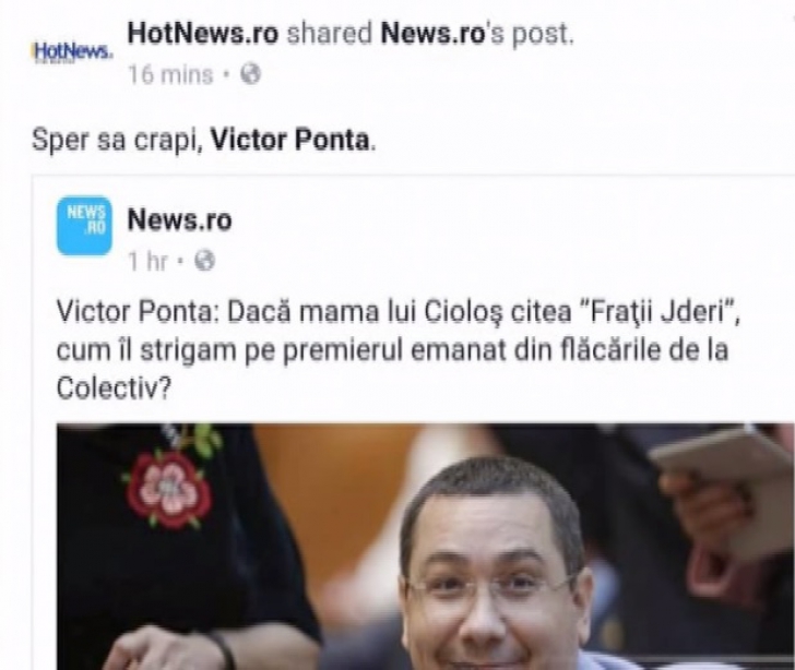 Gafa de la Hotnews a produs isterie pe Internet. Unde a dus postarea "Sper să crăpi, Victor Ponta"