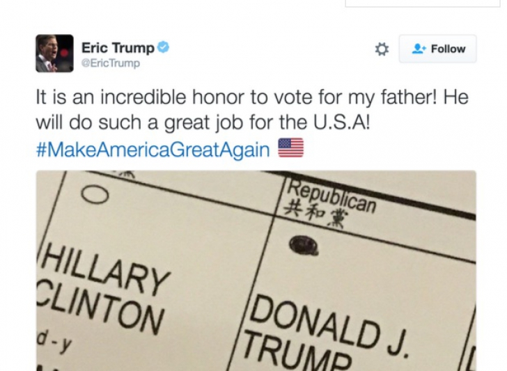 ALEGERILE DIN SUA. Fiul lui Donald Trump, gest necugetat la secţia de vot