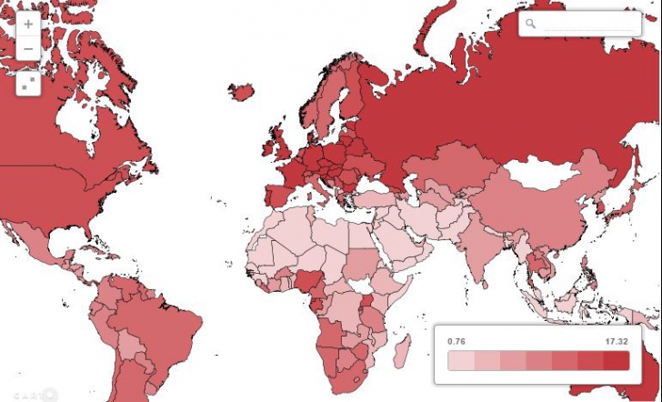 Harta lumii în funcție de consumul de alcool. Pe ce loc se află România 