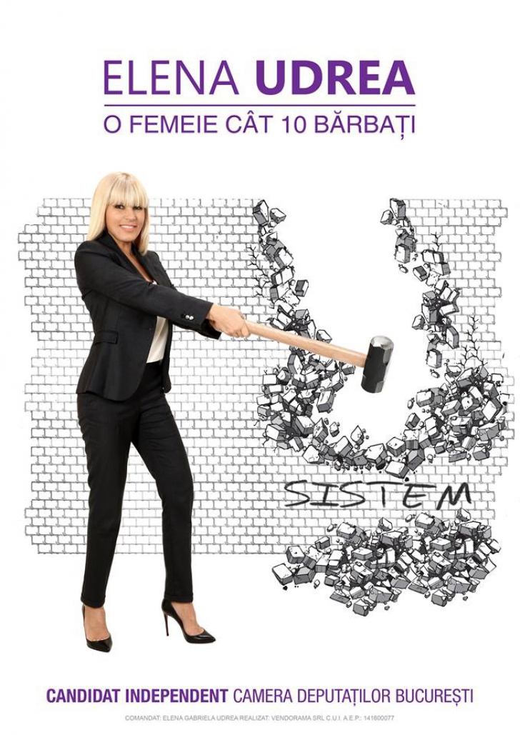 Elena Udrea revine cu un nou poster de campanie: Pe tocuri, cu un ciocan în mână, sparge un zid