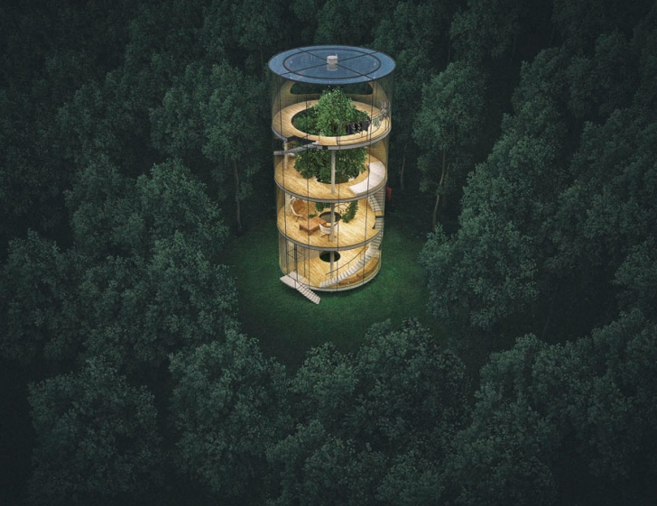 E un OZN sau o casă? Cum arată locuinţa tubulară, din sticlă, construită în jurul unui copac