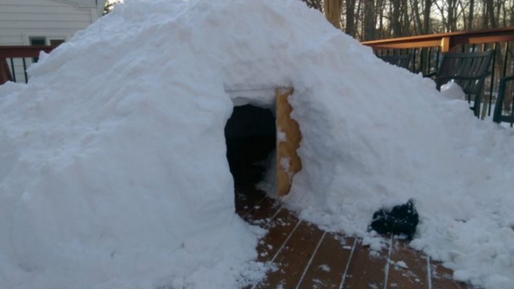 A adunat un munte de zăpadă în faţa casei. L-a transformat într-o cazemată. Interiorul e de VIS