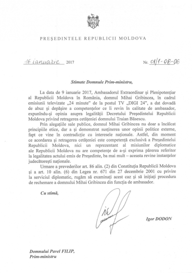 Dodon l-a rechemat pe ambasadorul R. Moldova la Bucureşti. Care este motivul - FOTO
