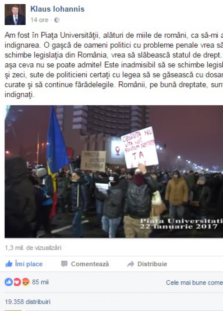 Klaus Iohannis şi Liviu Dragnea, bătălie şi pe Facebook în postările de la protest. Câte like-uri au