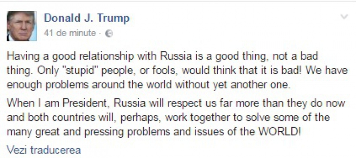 Donald Trump sfidează: Doar oamenii "proşti" ar crede că este rău să avem o relaţie bună cu Rusia